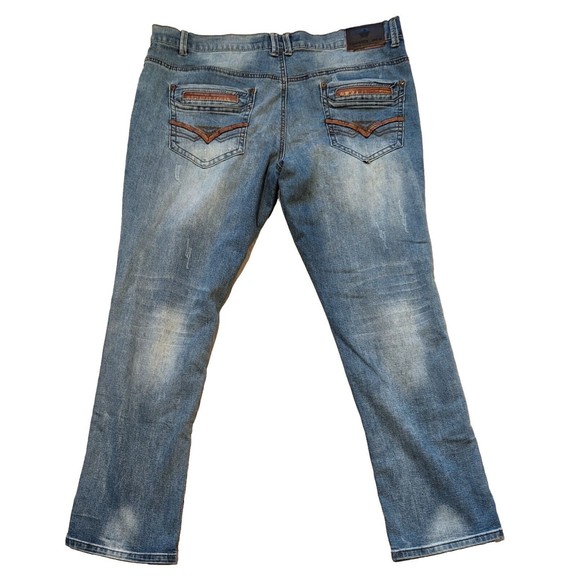 Franky Max Distressed Denim Blue Jeans 38x32 Embroidered Pockets Leather Trim - Picture 6 of 14